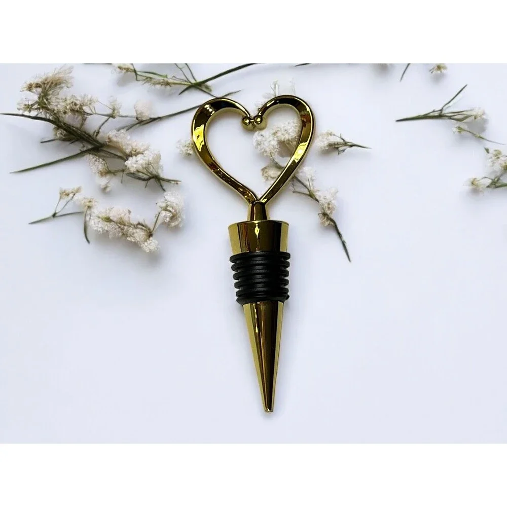 Deluxe Gold Heart Shaped Wine Bottle Stopper with Organza Bag